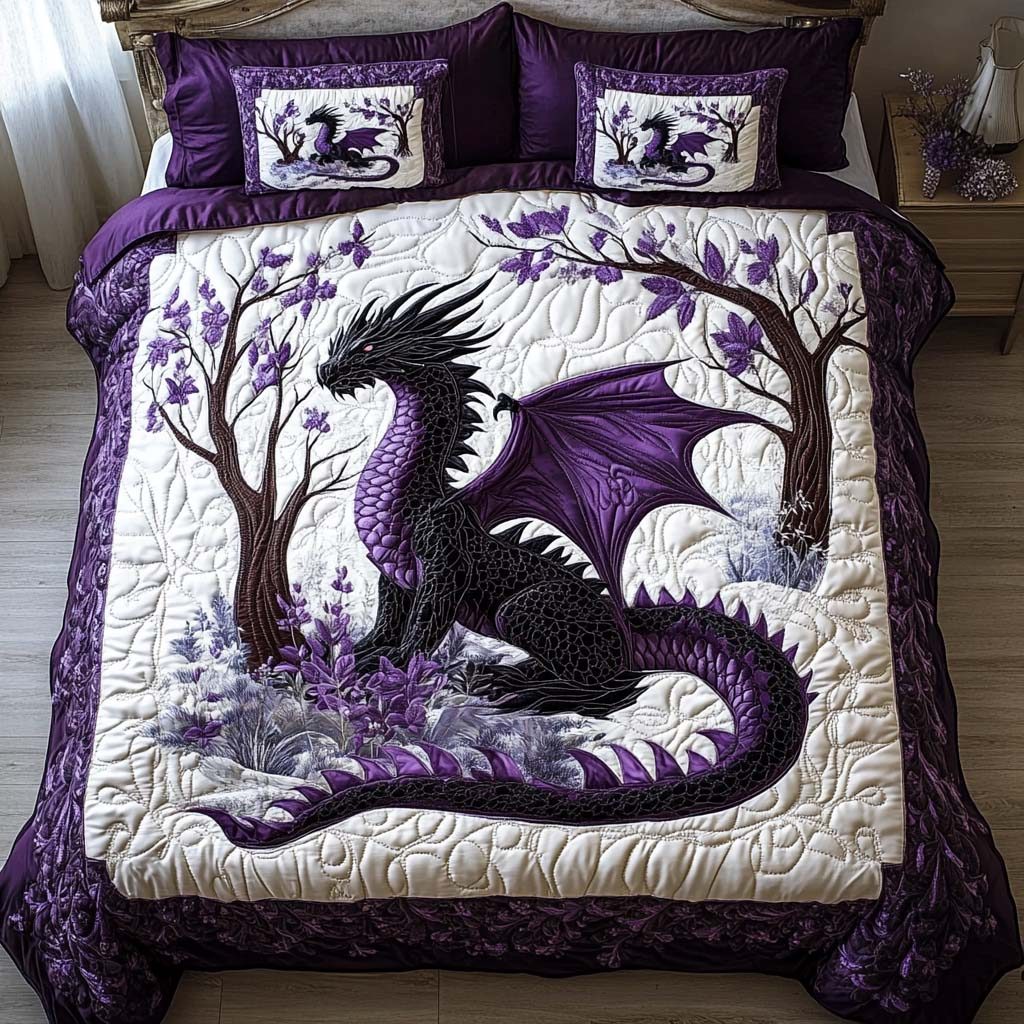 Dragon quilted 3-piece bedding set on a made bed with two matching pillow shams