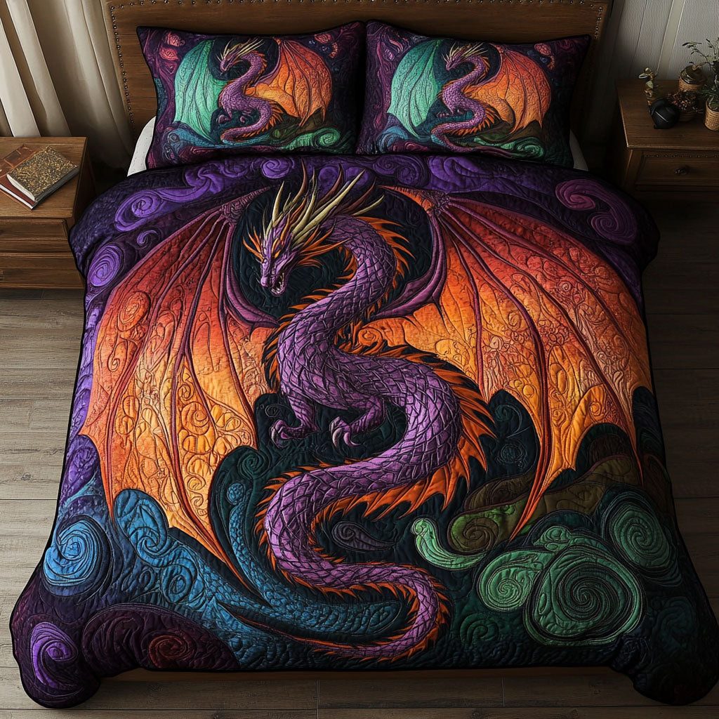 Dragon Realm quilted 3-piece bedding set on a made bed with two matching pillow shams