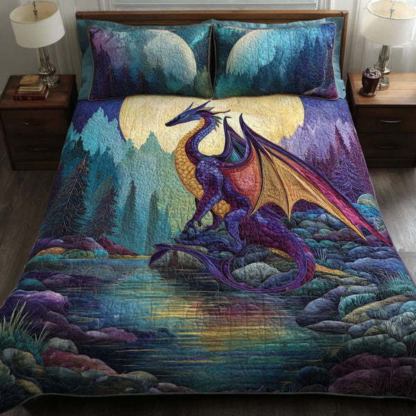 Dragon Realm quilted 3-piece bedding set on a made bed with two matching pillow shams