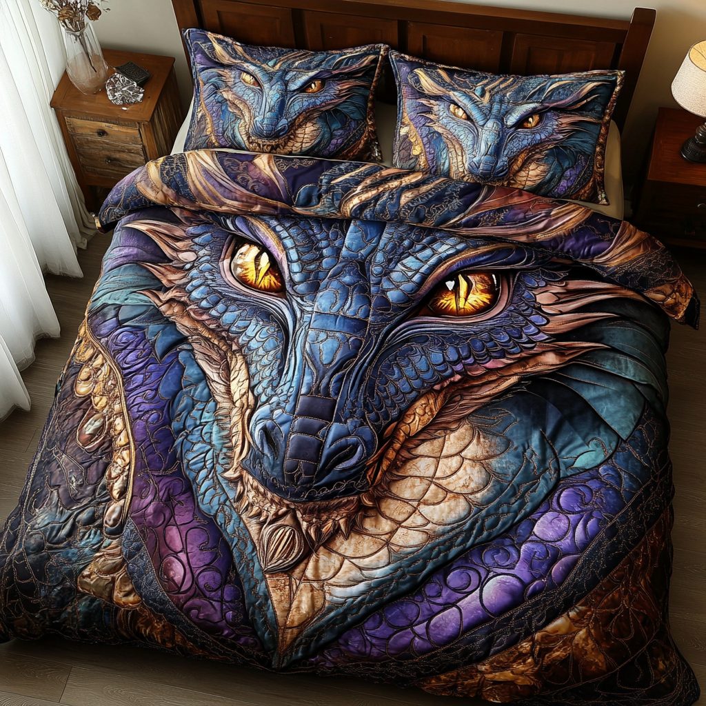 Dragon Rise quilted 3-piece bedding set on a made bed with two matching pillow shams