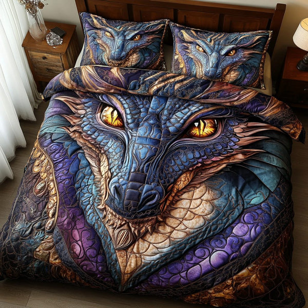 Dragon Rise quilted 3-piece bedding set on a made bed with two matching pillow shams