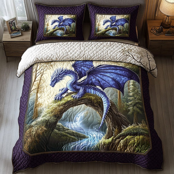 Dragon Roar quilted 3-piece bedding set on a made bed with two matching pillow shams