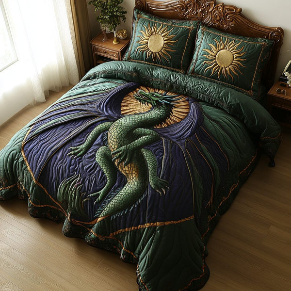 Dragon Rune quilted 3-piece bedding set on a made bed with two matching pillow shams