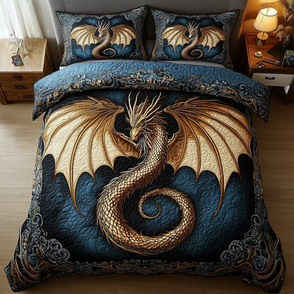 Dragon Scale quilted 3-piece bedding set on a made bed with two matching pillow shams