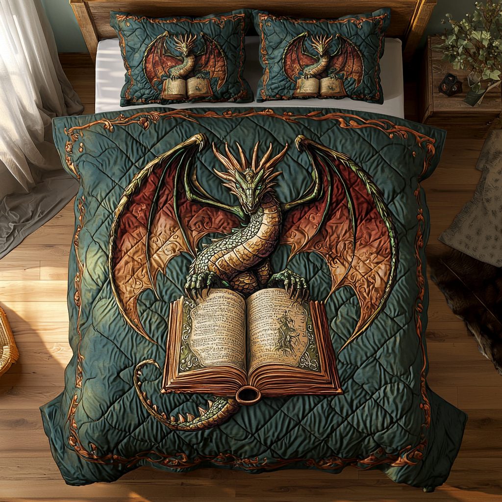Dragon Scroll quilted 3-piece bedding set on a made bed with two matching pillow shams