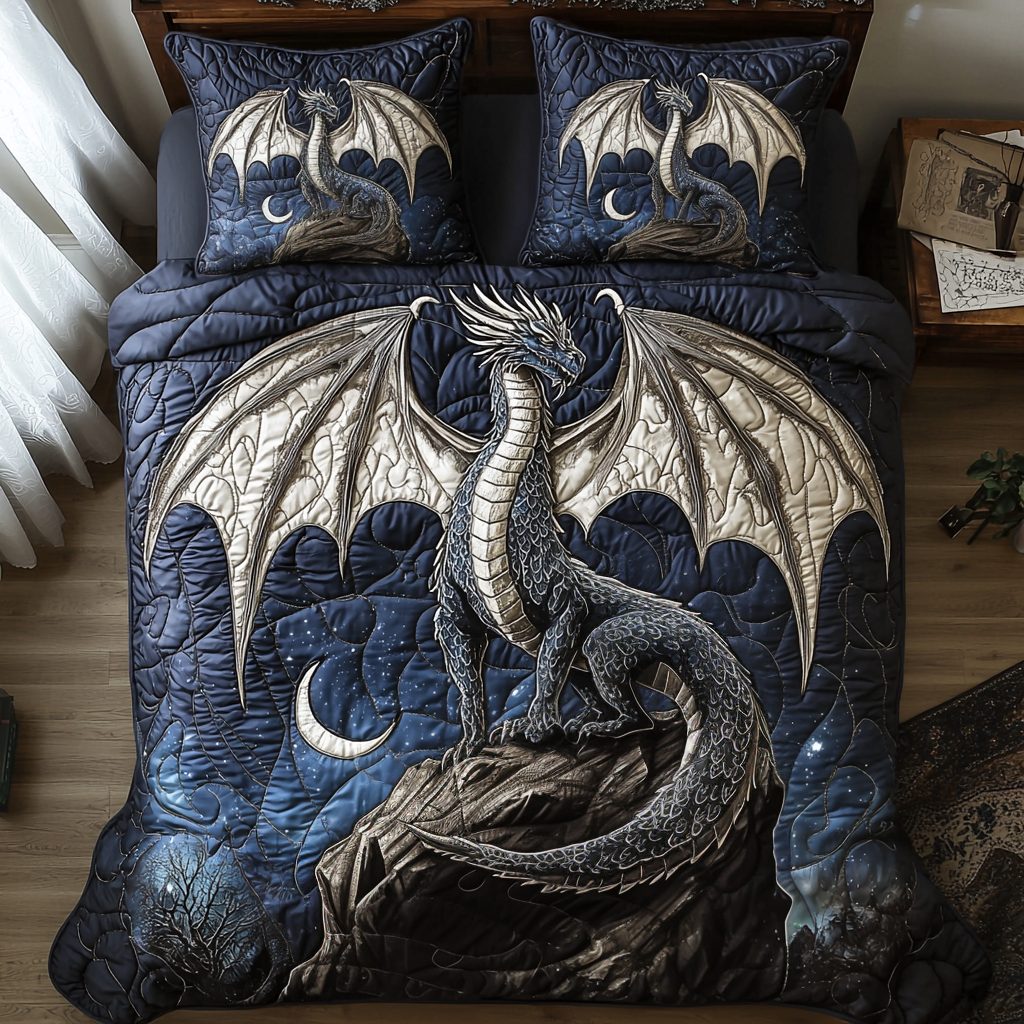 Dragon Silver Moon quilted 3-piece bedding set on a made bed with two matching pillow shams