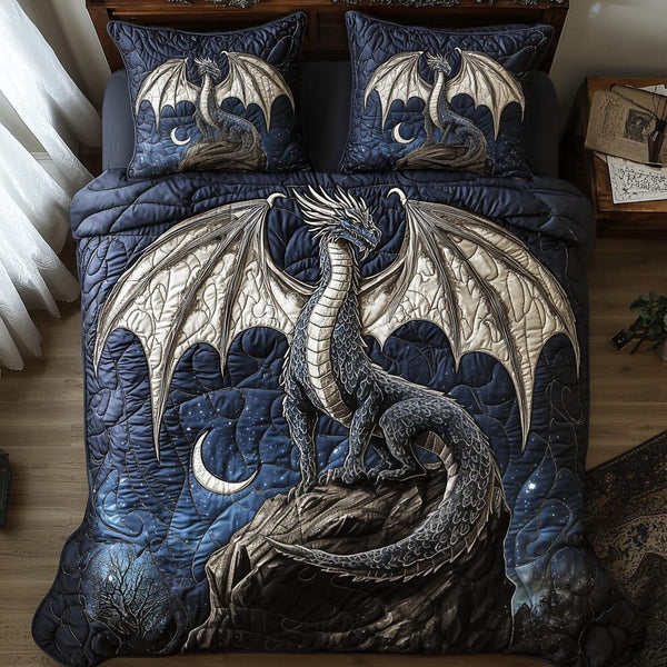 Dragon Silver Moon quilted 3-piece bedding set on a made bed with two matching pillow shams