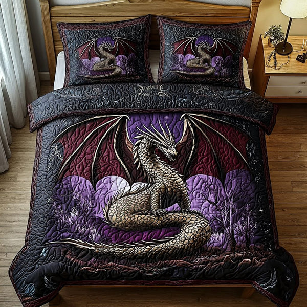 Dragon Silver Wings quilted 3-piece bedding set on a made bed with two matching pillow shams
