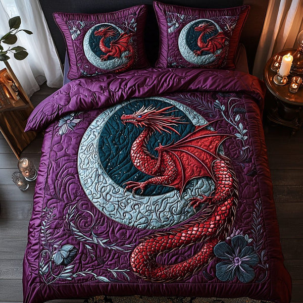 Dragon Sky quilted 3-piece bedding set on a made bed with two matching pillow shams