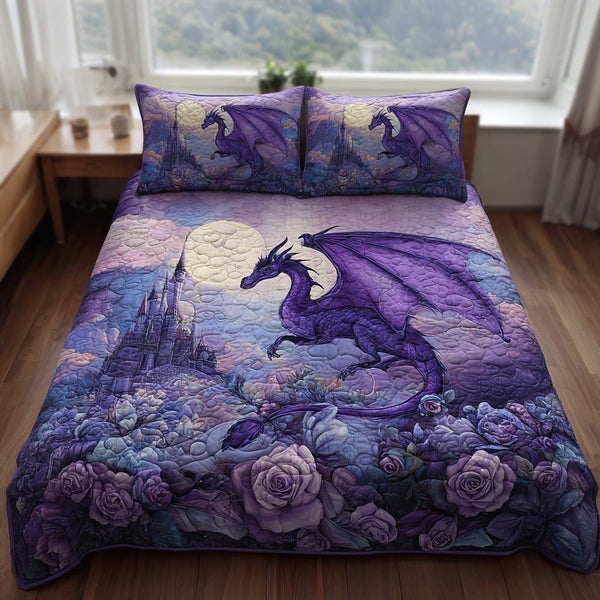 Dragon Song quilted 3-piece bedding set on a made bed with two matching pillow shams