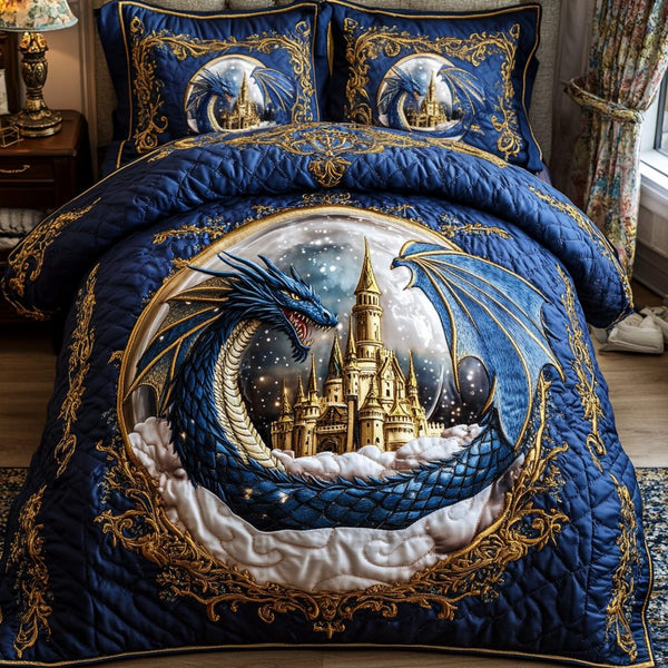 Dragon Soul quilted 3-piece bedding set on a made bed with two matching pillow shams