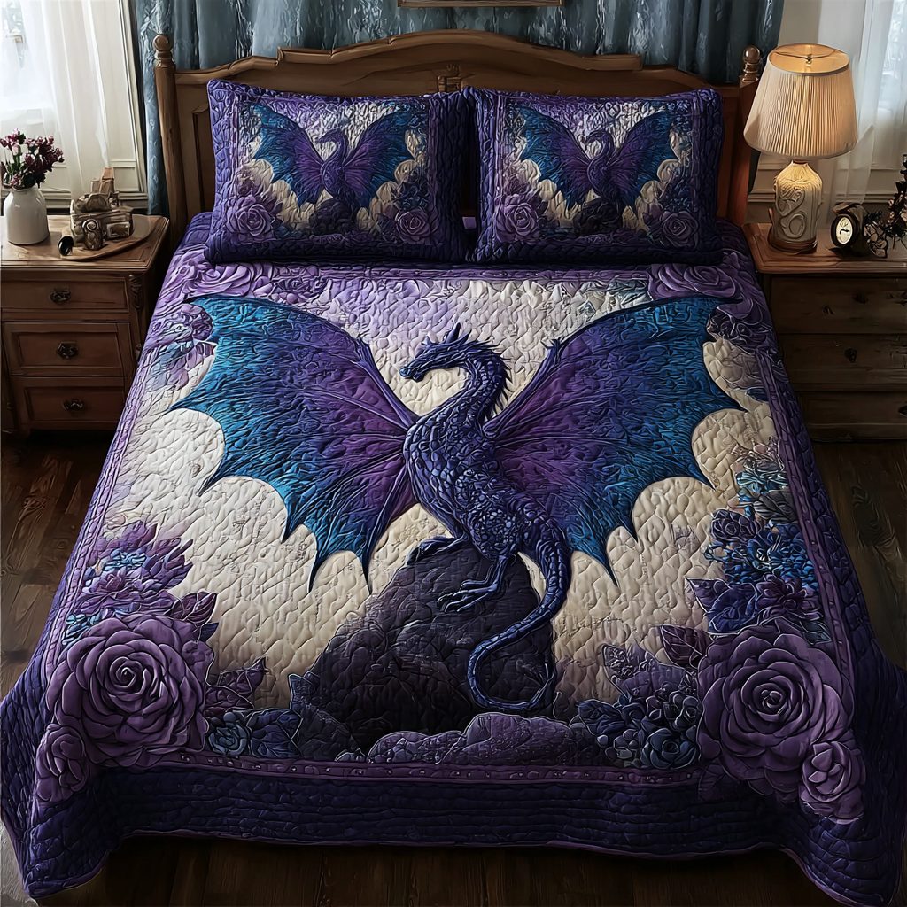 Dragon Soul quilted 3-piece bedding set on a made bed with two matching pillow shams