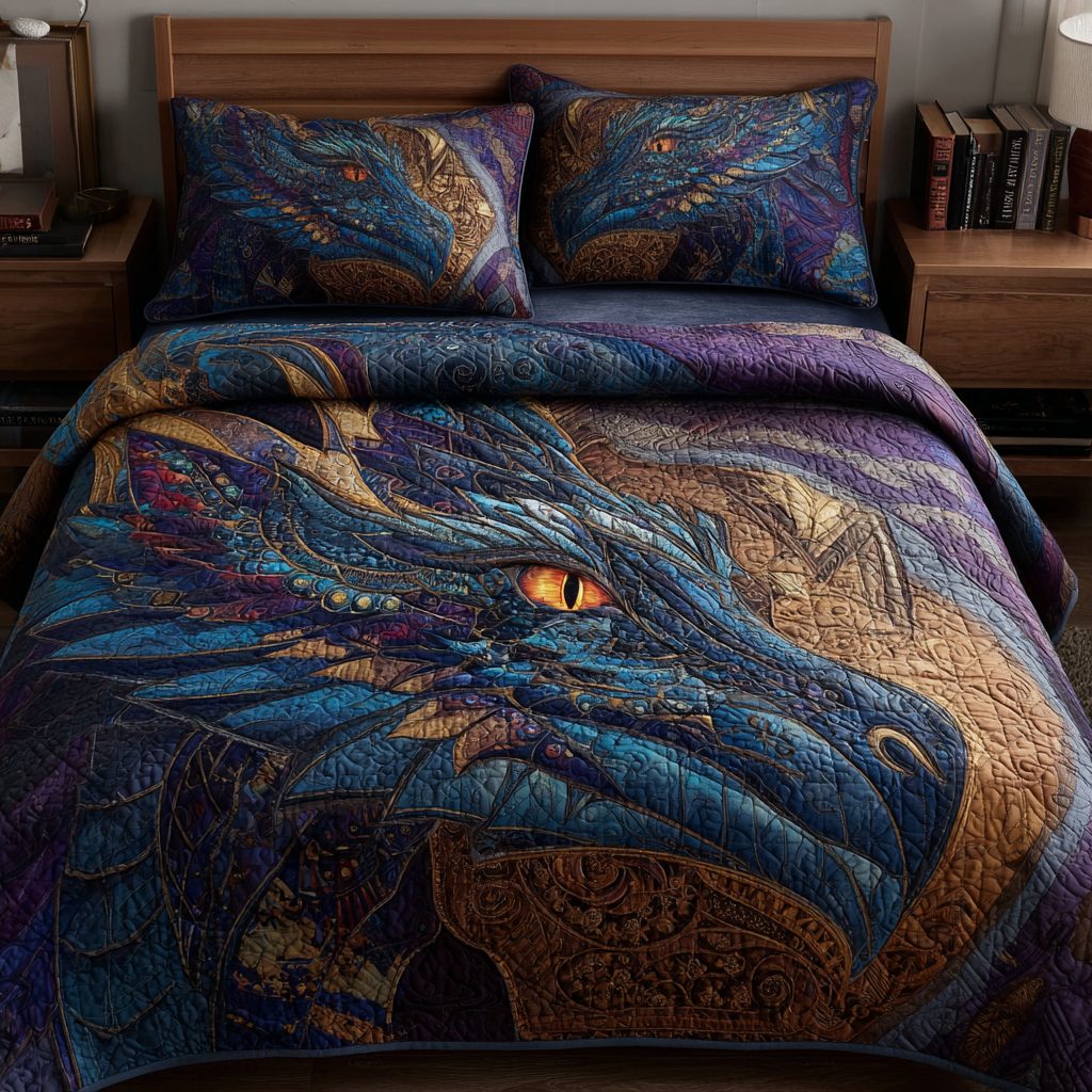 Dragon Soul quilted 3-piece bedding set on a made bed with two matching pillow shams