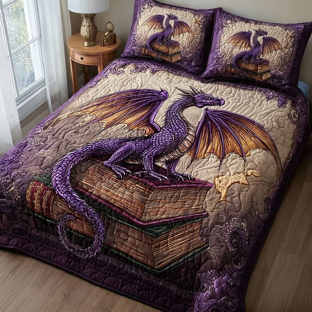 Dragon Spirit quilted 3-piece bedding set on a made bed with two matching pillow shams