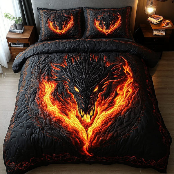 Dragon Spirit quilted 3-piece bedding set on a made bed with two matching pillow shams