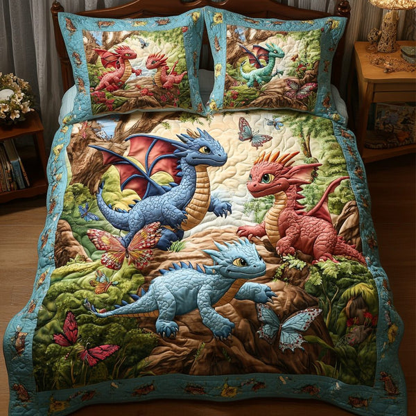 Dragon Spirit quilted 3-piece bedding set on a made bed with two matching pillow shams