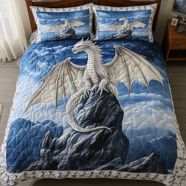 Dragon Spirit quilted 3-piece bedding set on a made bed with two matching pillow shams