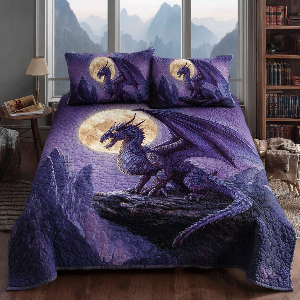Dragon Spirit quilted 3-piece bedding set on a made bed with two matching pillow shams