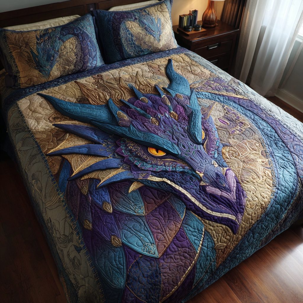 Dragon Spirit quilted 3-piece bedding set on a made bed with two matching pillow shams