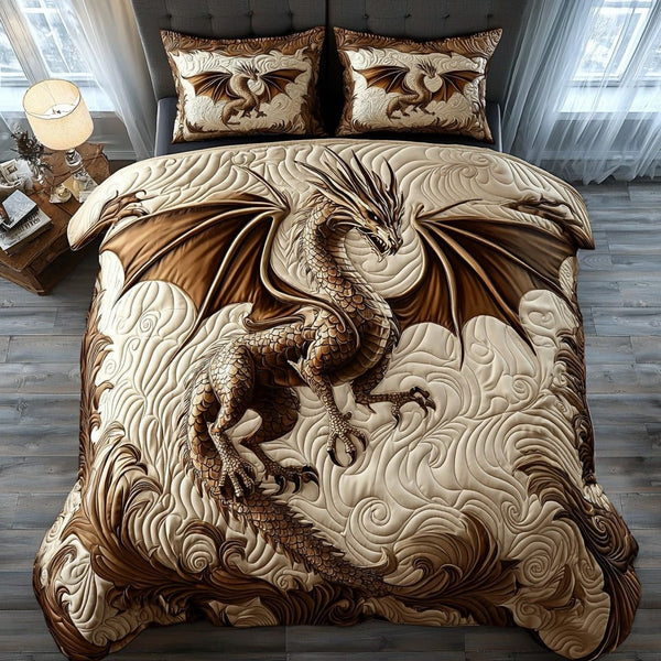 Dragon Stone quilted 3-piece bedding set on a made bed with two matching pillow shams