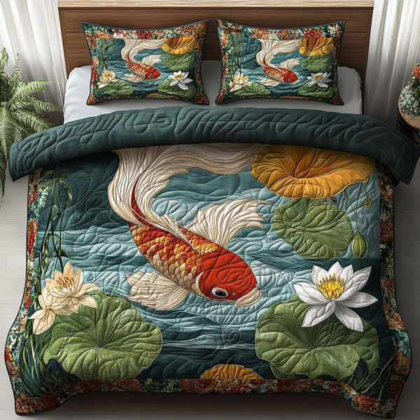 Dragon Stream quilted 3-piece bedding set on a made bed with two matching pillow shams