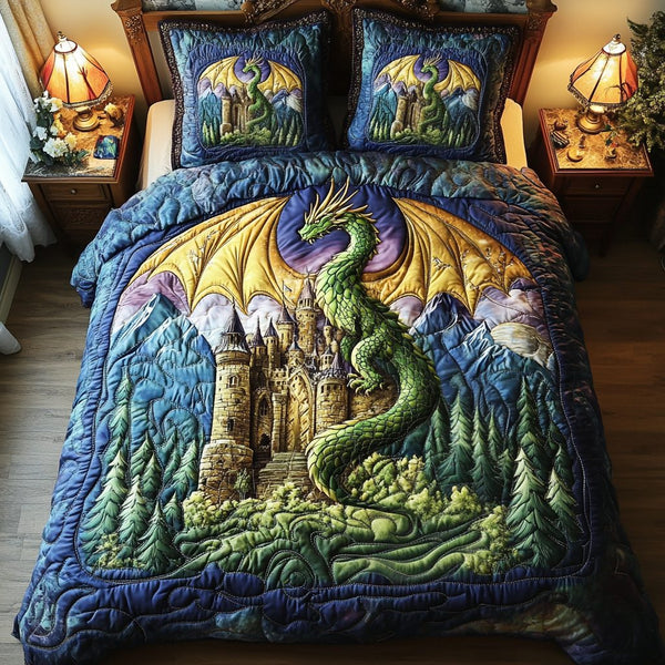 Dragon Tale quilted 3-piece bedding set on a made bed with two matching pillow shams