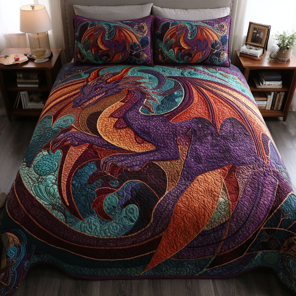 Dragon Tales quilted 3-piece bedding set on a made bed with two matching pillow shams