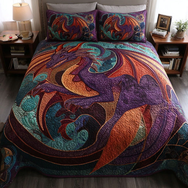 Dragon Tales quilted 3-piece bedding set on a made bed with two matching pillow shams