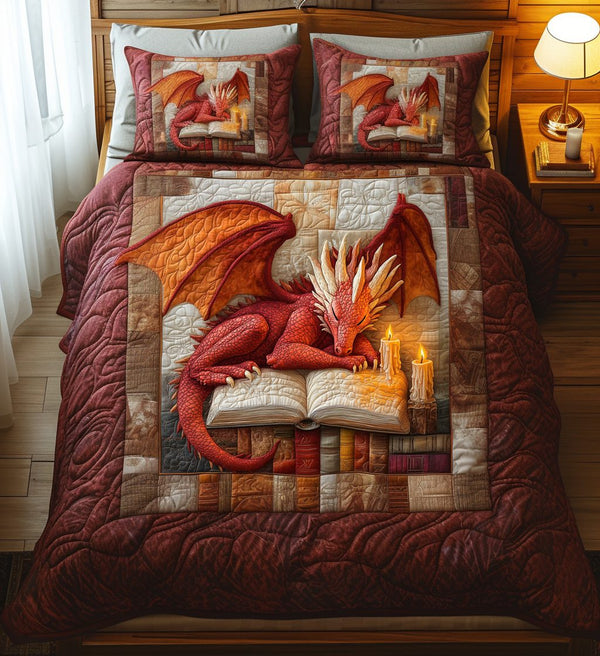 Dragon Tales quilted 3-piece bedding set on a made bed with two matching pillow shams