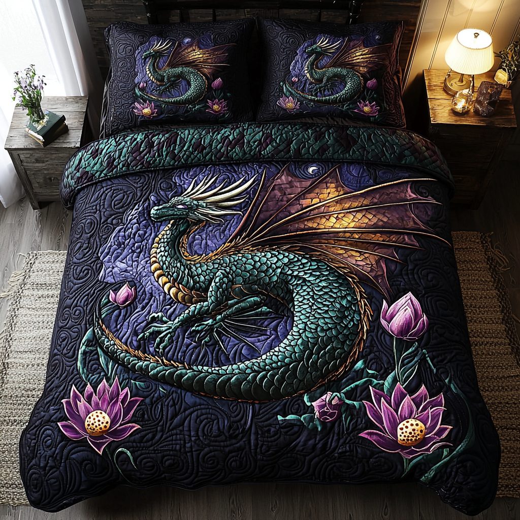 Dragon v2 quilted 3-piece bedding set on a made bed with two matching pillow shams