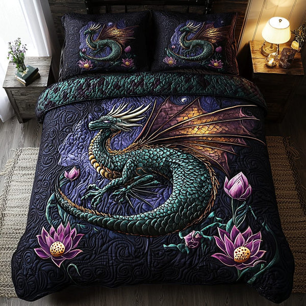 Dragon v2 quilted 3-piece bedding set on a made bed with two matching pillow shams