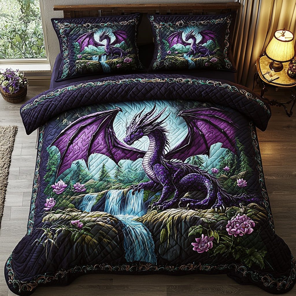 Dragon Watch quilted 3-piece bedding set on a made bed with two matching pillow shams
