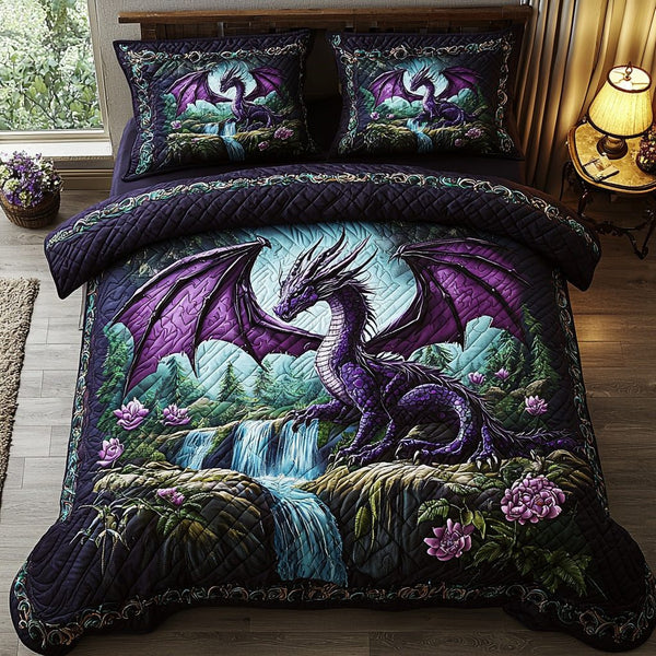 Dragon Watch quilted 3-piece bedding set on a made bed with two matching pillow shams