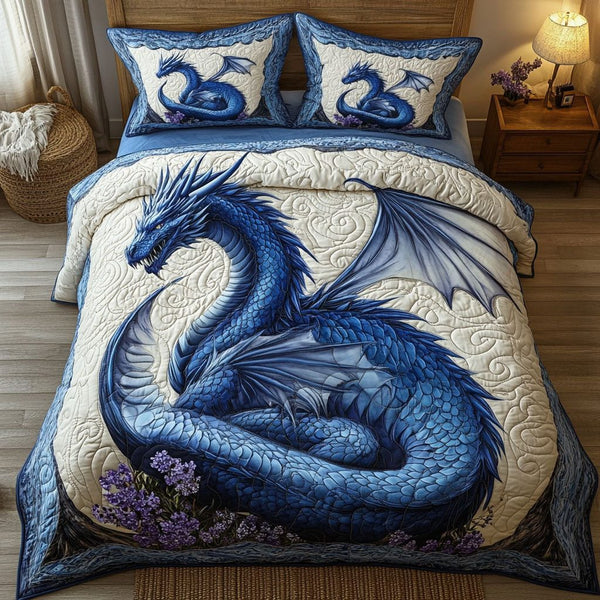 Dragon Whisper quilted 3-piece bedding set on a made bed with two matching pillow shams