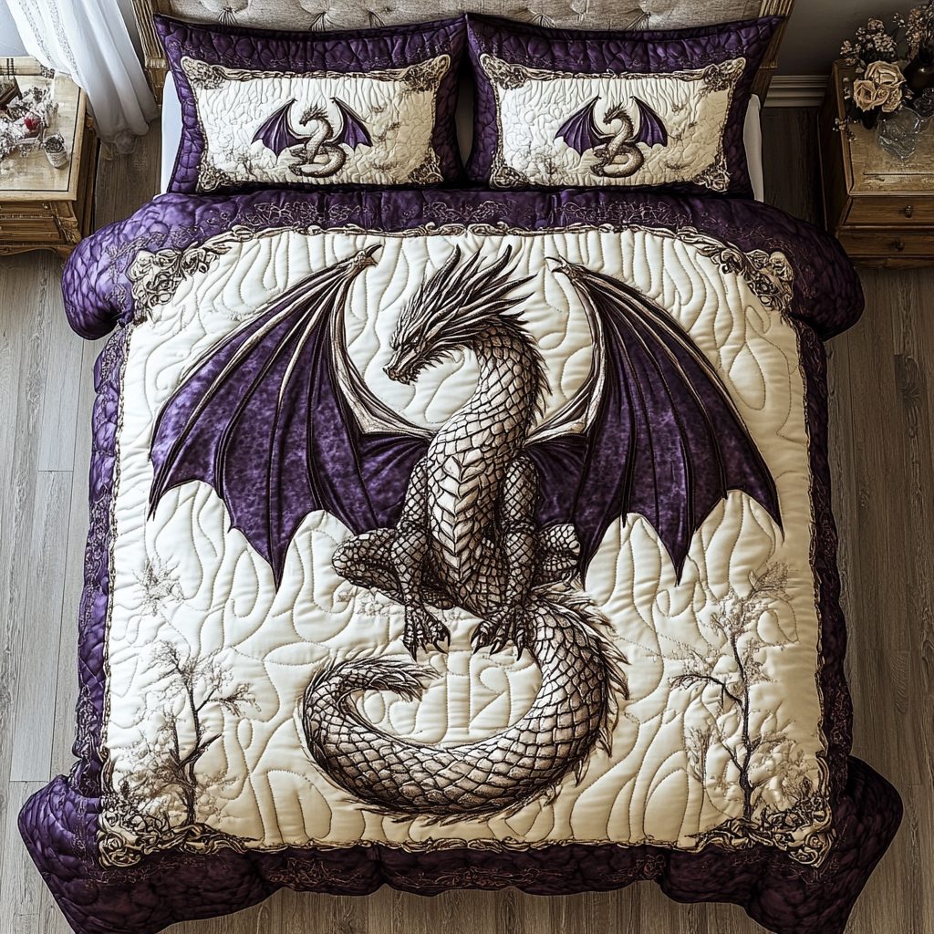 Dragon Wings quilted 3-piece bedding set on a made bed with two matching pillow shams