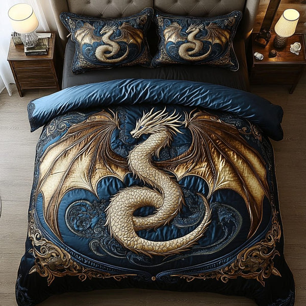Dragon Wings quilted 3-piece bedding set on a made bed with two matching pillow shams