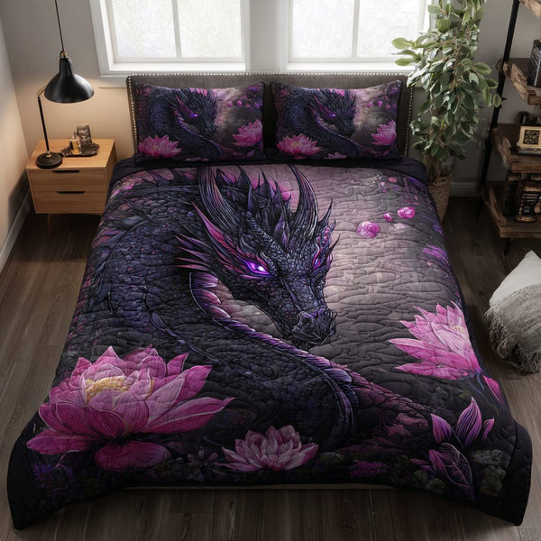 Dragon Wings quilted 3-piece bedding set on a made bed with two matching pillow shams