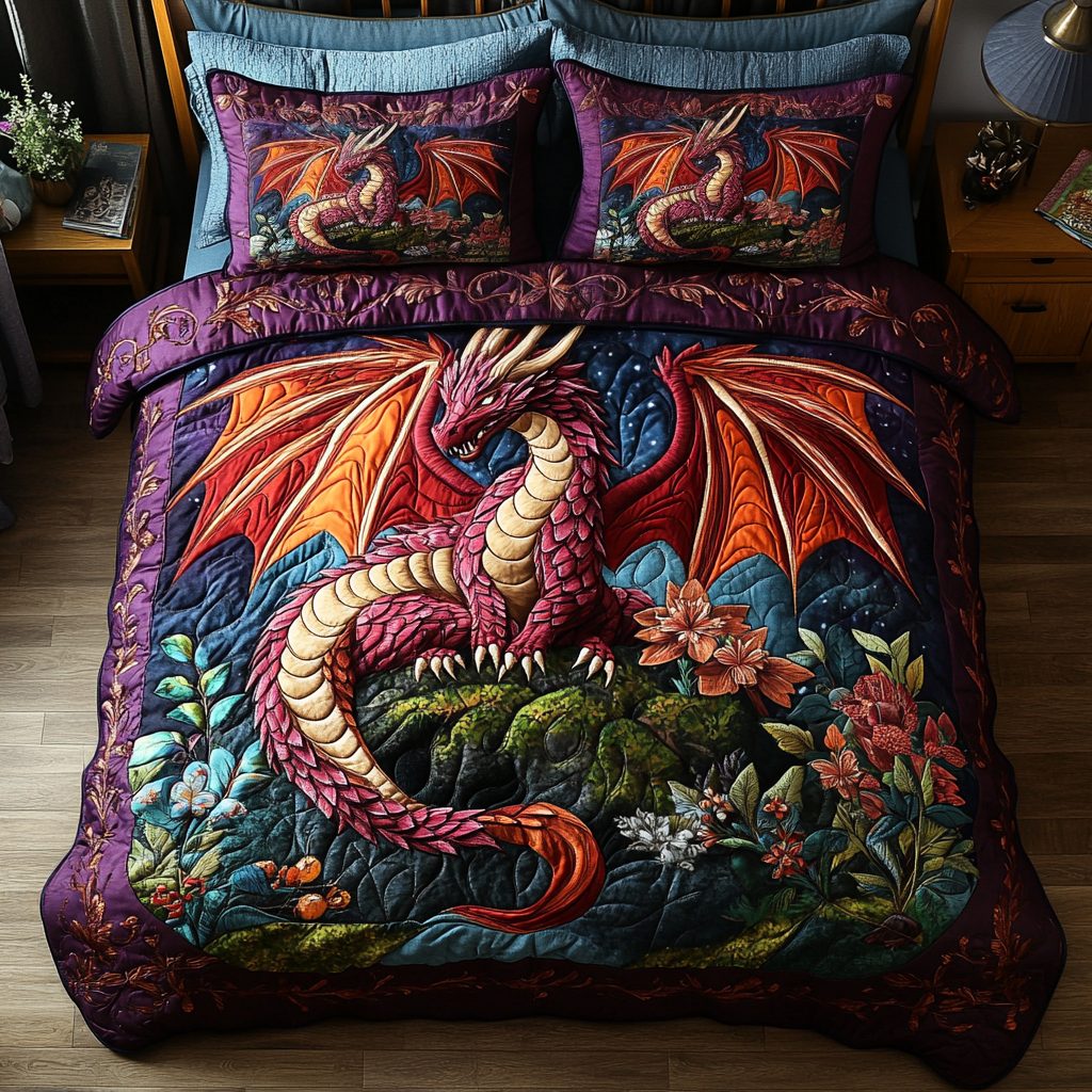 Dragon Wrath quilted 3-piece bedding set on a made bed with two matching pillow shams