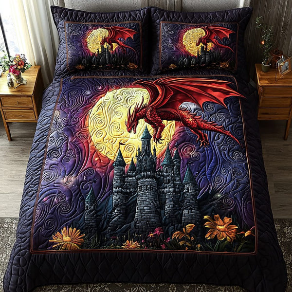 Dragon Wrath quilted 3-piece bedding set on a made bed with two matching pillow shams