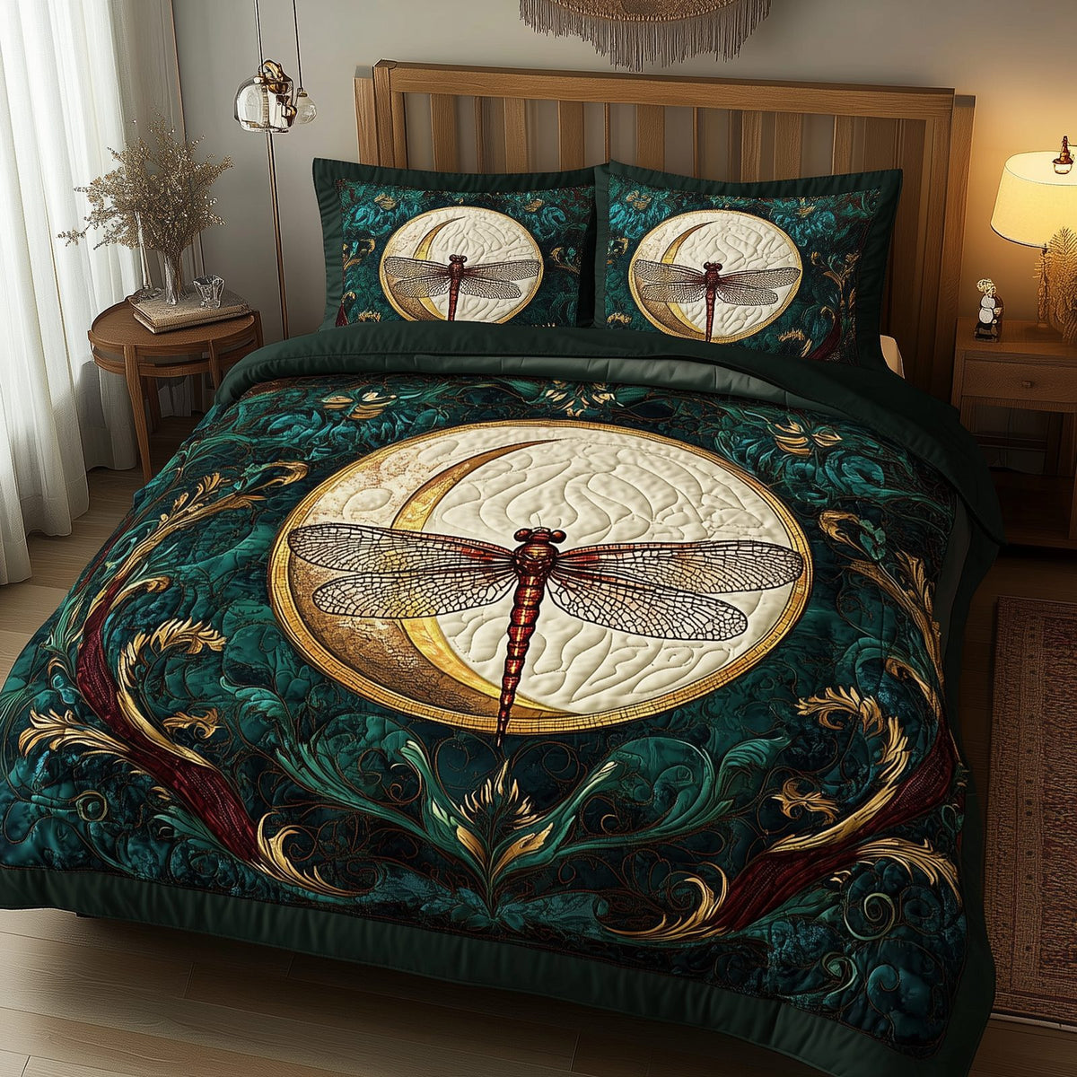 Dragonfly and Crescent Moon quilted 3-piece bedding set on a made bed with two matching pillow shams