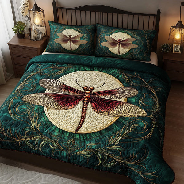 Dragonfly and Crescent Moon quilted 3-piece bedding set on a made bed with two matching pillow shams