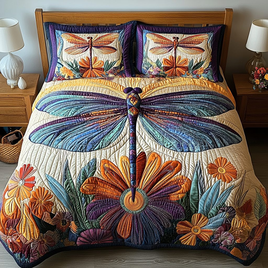 Dragonfly Bliss quilted 3-piece bedding set on a made bed with two matching pillow shams