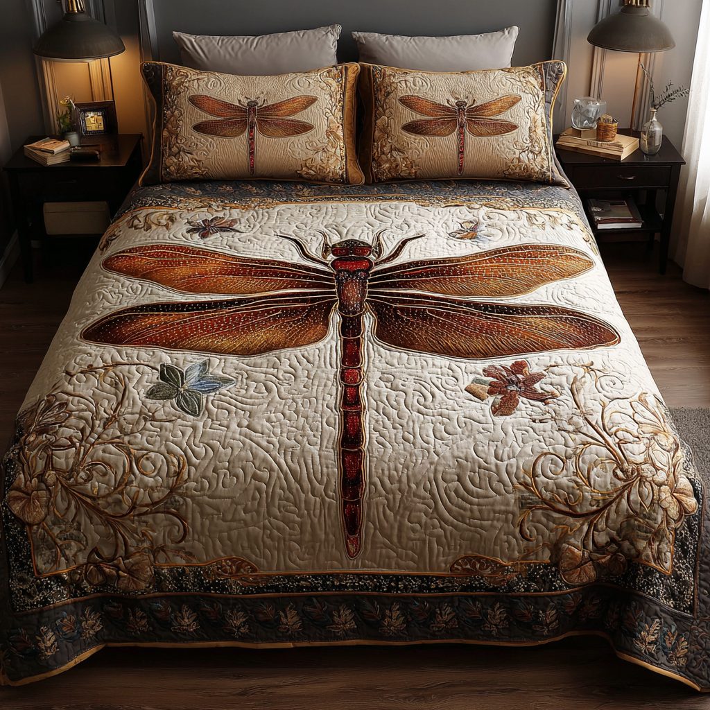 Dragonfly Bloom quilted 3-piece bedding set on a made bed with two matching pillow shams