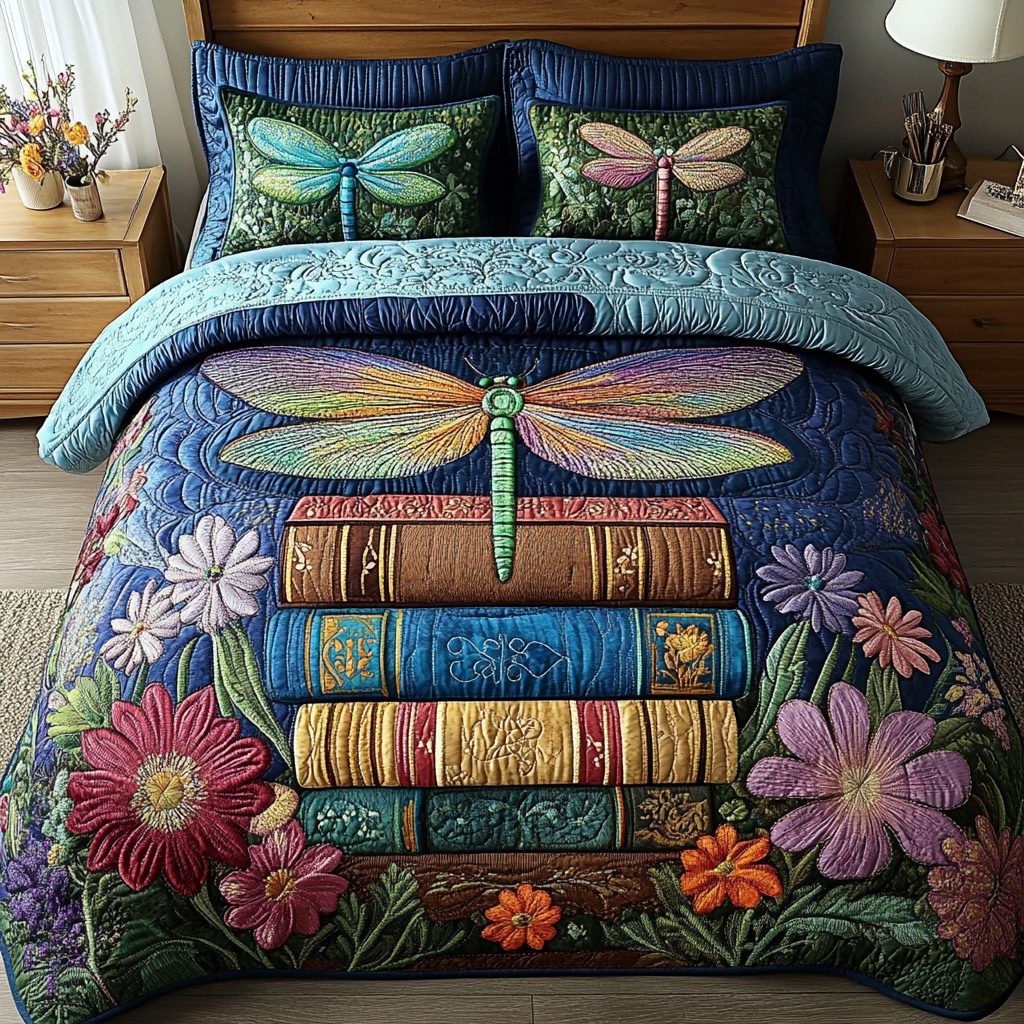 Dragonfly Book Haven quilted 3-piece bedding set on a made bed with two matching pillow shams