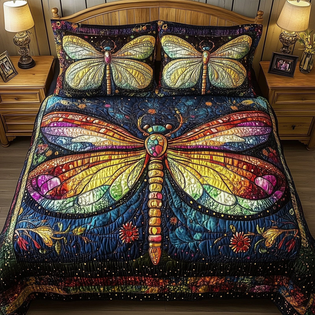 Dragonfly Dream quilted 3-piece bedding set on a made bed with two matching pillow shams