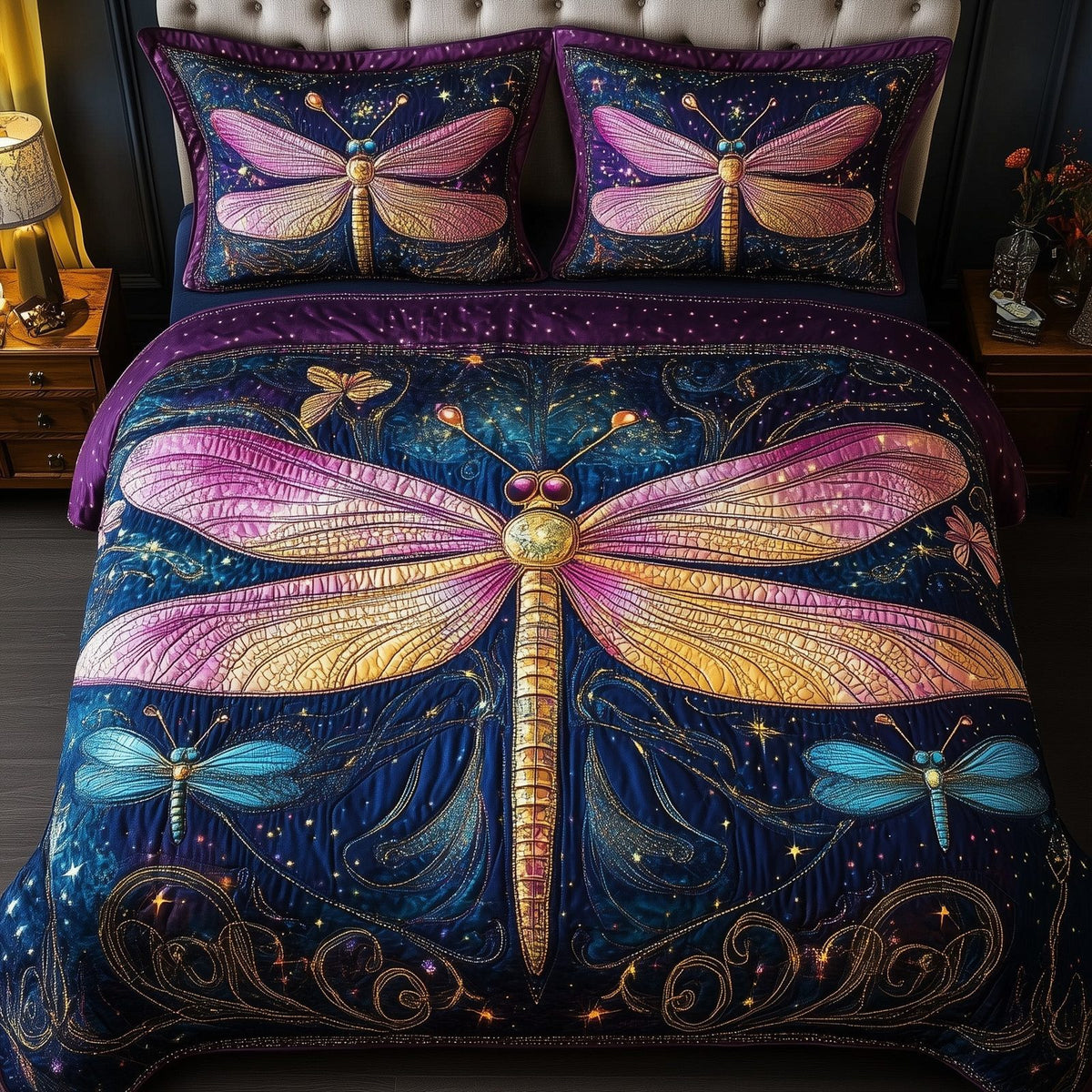 Dragonfly Dream quilted 3-piece bedding set on a made bed with two matching pillow shams