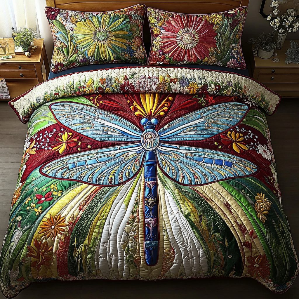 Dragonfly Dreams quilted 3-piece bedding set on a made bed with two matching pillow shams