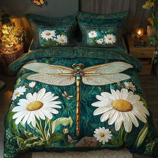 Dragonfly Dreams quilted 3-piece bedding set on a made bed with two matching pillow shams