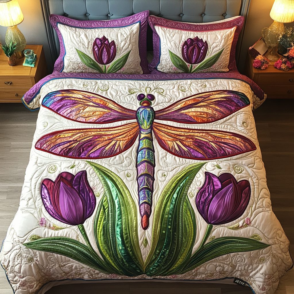 Dragonfly Dreamscape quilted 3-piece bedding set on a made bed with two matching pillow shams