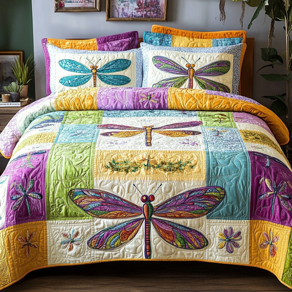 Dragonfly Elegance quilted 3-piece bedding set on a made bed with two matching pillow shams